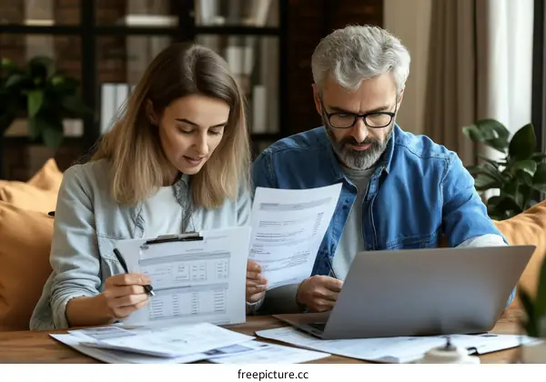 Couple working on documents at home