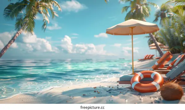 Beach with palm trees and lounge chairs