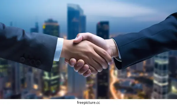 Businessmen shaking hands over a cityscape at sunset