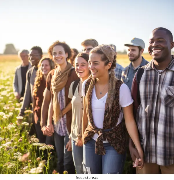 A group of diverse people walking through a field of flowers, holding hands and smiling.
