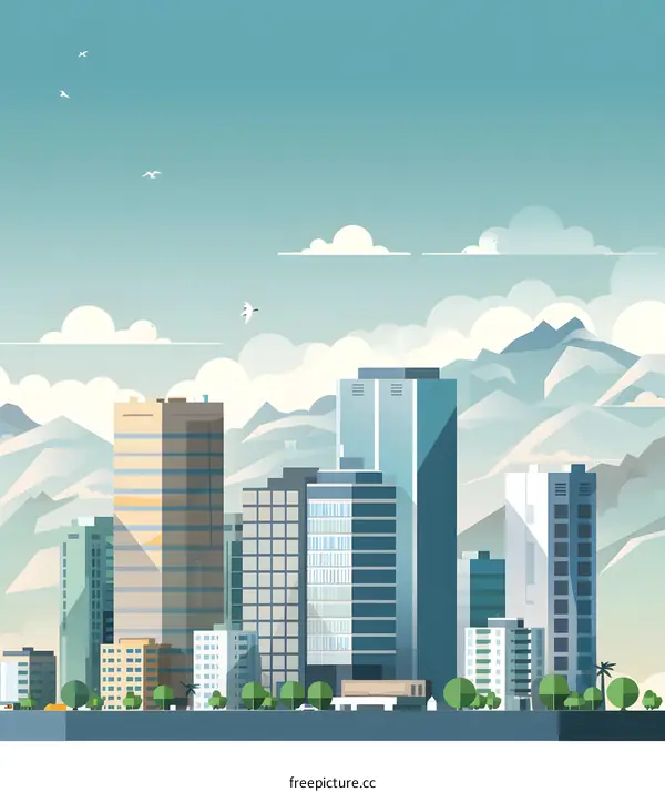 Modern City Skyline with Mountains Illustration