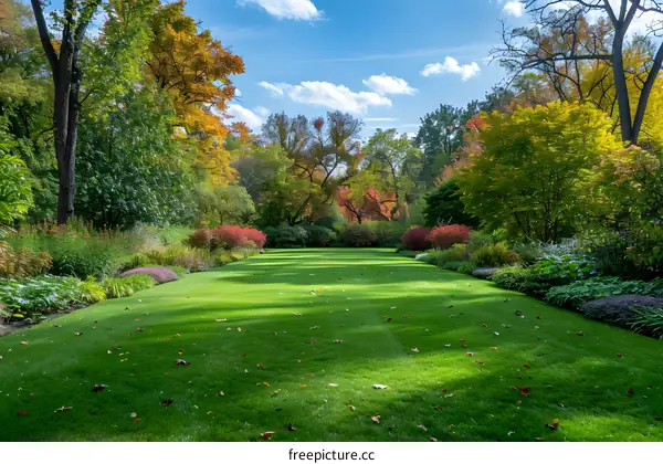 Autumn Foliage with Lush Green Grass and Blue Sky in a Formal Garden
