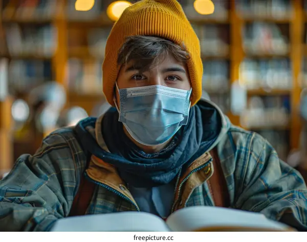 Portrait of a young male student wearing a yellow beanie and a mask