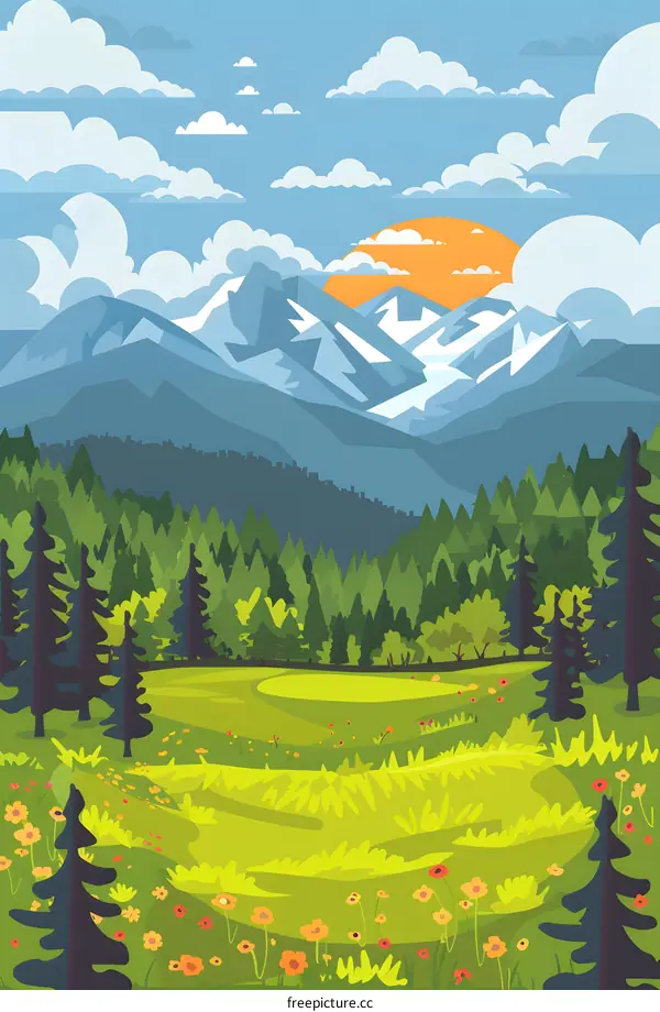 Green Meadow Mountain Landscape Illustration