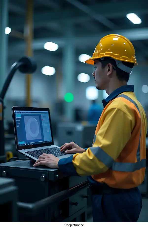 Factory Worker Using Laptop for Inspection
