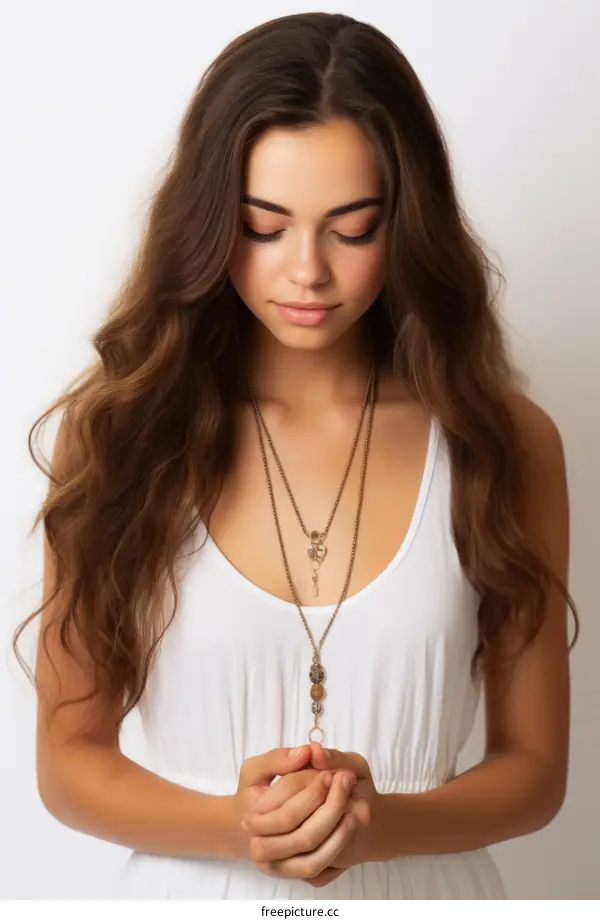 Portrait of a beautiful young woman with long brown hair wearing a white dress and a necklace