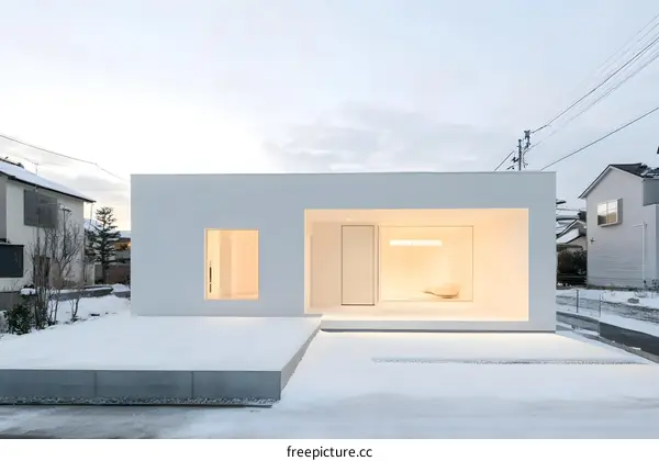 Minimalist White Modern House with Large Windows in the Snow