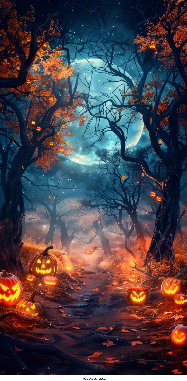 Halloween Pumpkin Lantern in the Dark Woods