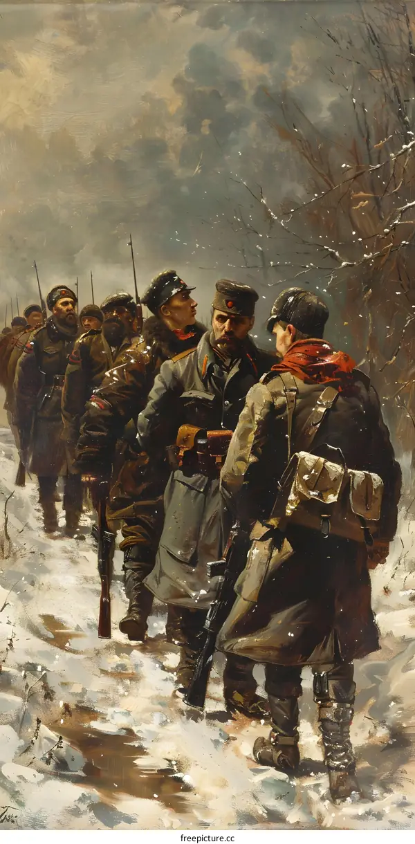 A group of soldiers in winter coats and caps are walking through the snow. There are trees and a mountain in the background.
