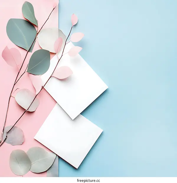 Blank White Cards on Pastel Blue and Pink Background with Greenery