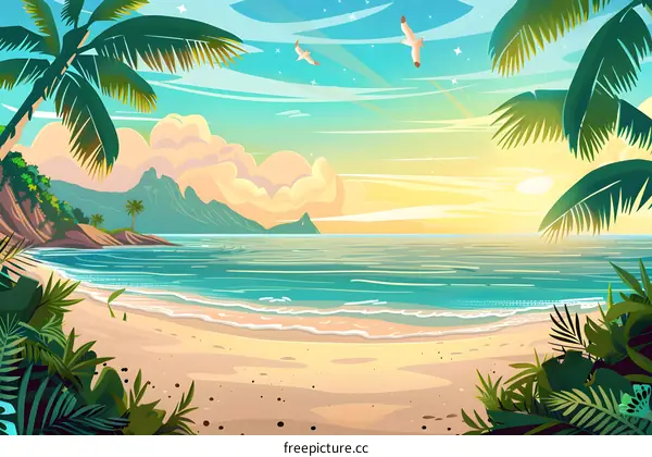 Tropical Beach Landscape With Palm Trees And Sunset