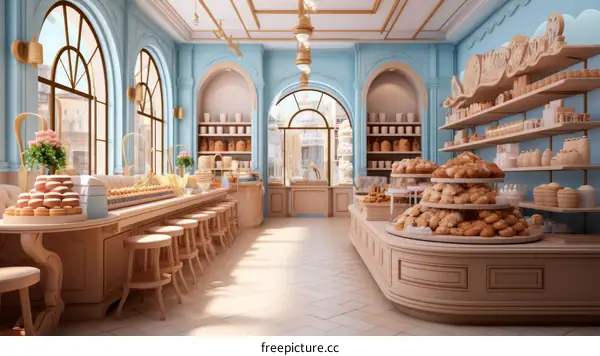 Blue and white bakery shop interior with lots of windows