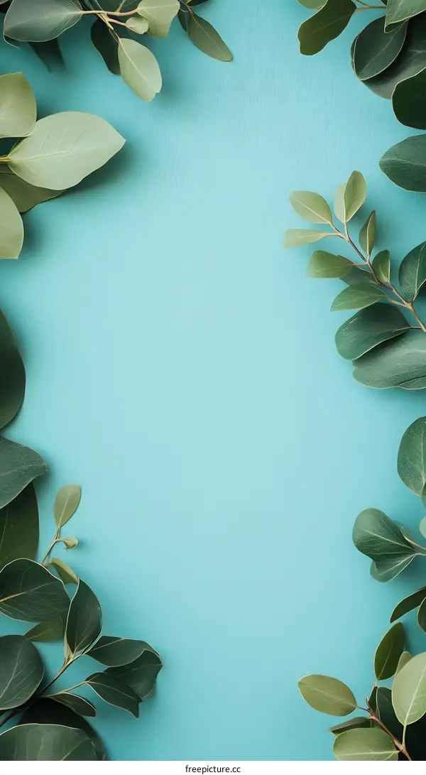Green Leaves Frame on Blue Background
