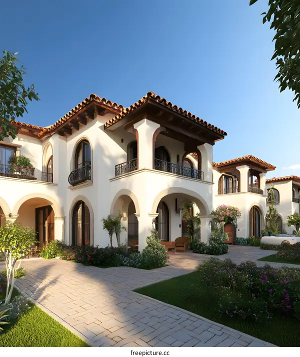 Exterior of a Spanish Style Villa with Arched Entryways and Balconies