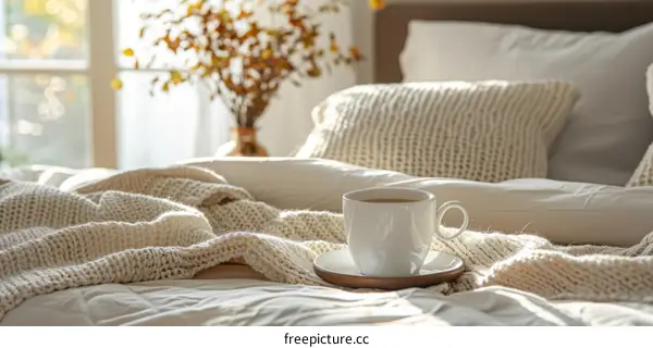 Cozy Bedroom with a Cup of Tea and Warm Sunlight