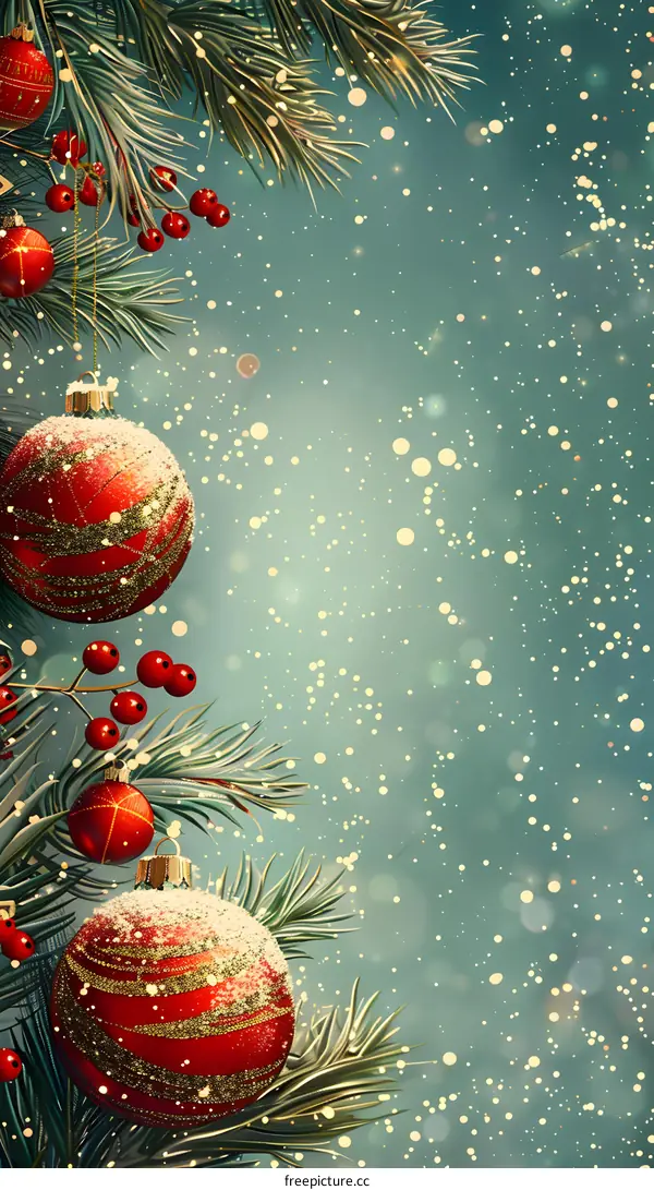 Christmas ornaments hanging on a snow-covered fir tree branch with red berries