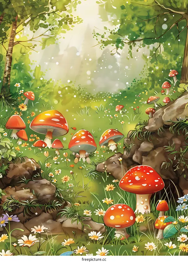 Red and White Mushrooms in a Forest Clearing