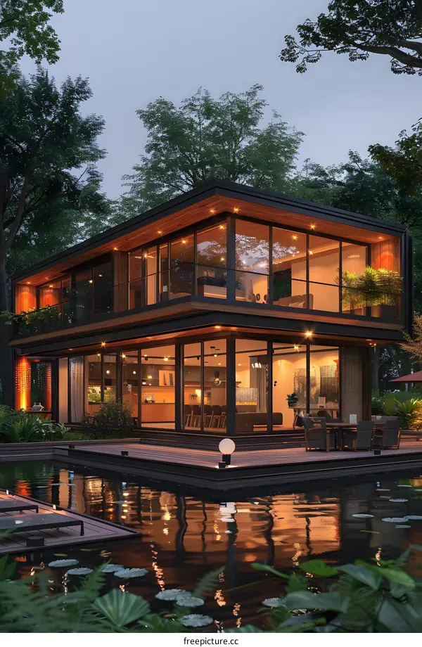 Enjoying the reflection of a modern house by the lake