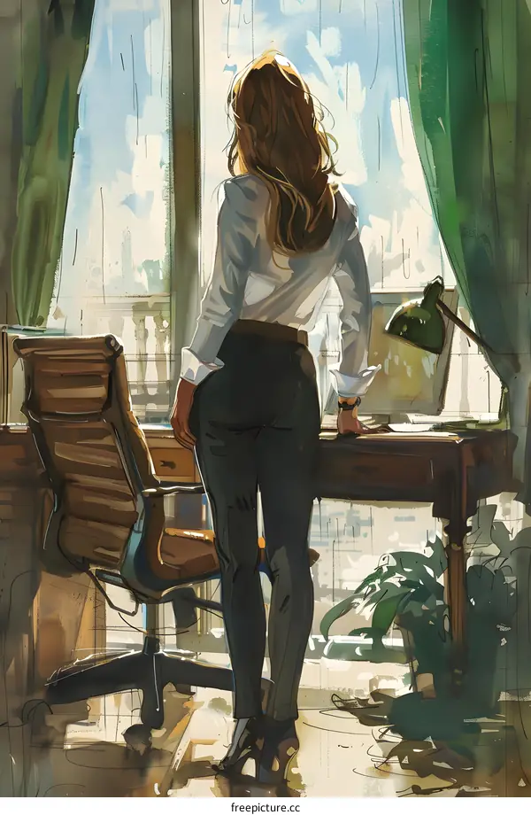 businesswoman looking out the office window
