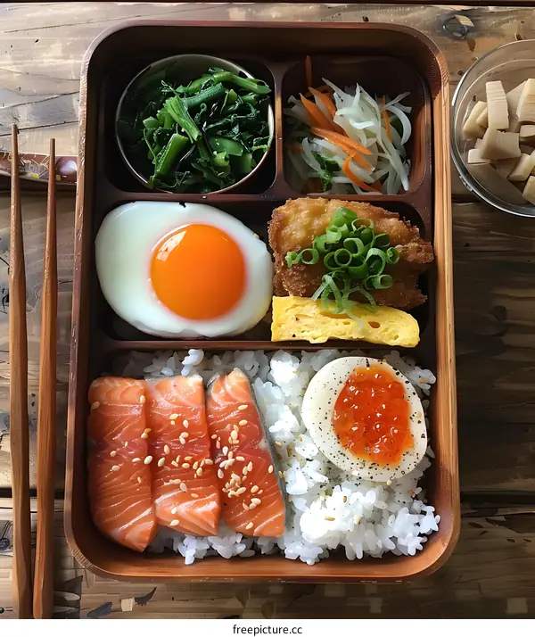A delicious and healthy bento box with salmon, egg, vegetables, and rice