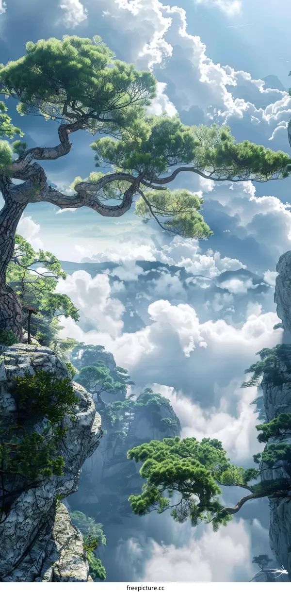 Majestic Mountain Scenery with Clouds and Trees