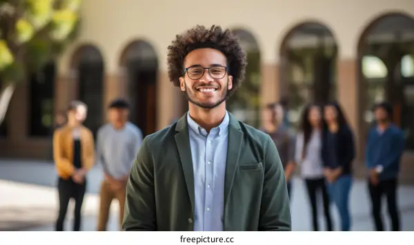 Smiling young African-American professional man in glasses with diverse group of young people in the background