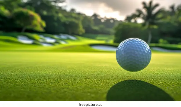 Close-up of a golf ball on a green fairway with a blurred background of a golf course