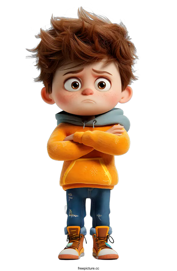 [Transparent Background PNG]Cartoon Illustration of a Sad Boy with Brown Hair