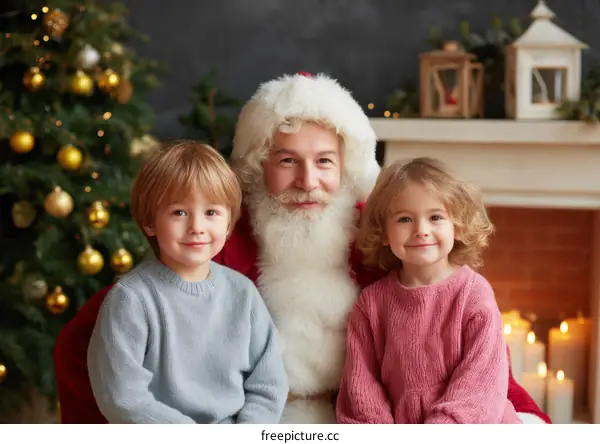 Santa Claus with two children during Christmas