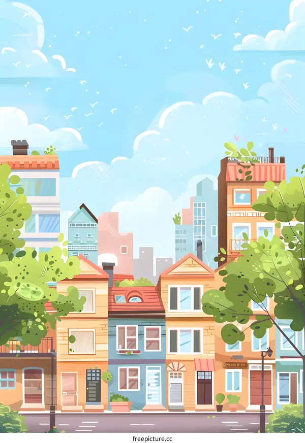 Cartoon Illustration of a City Street with Buildings and Trees