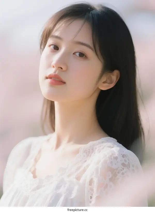 Young woman in white lace dress standing in a pink flower background
