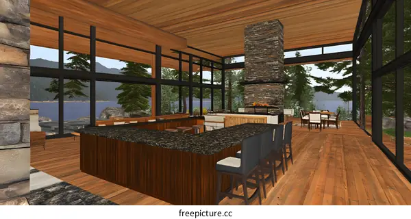 Modern Kitchen Design With Large Windows And Lake View
