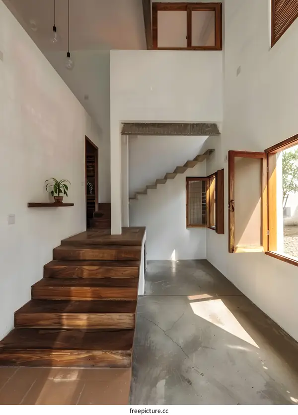 Modern Minimalist Home Interior Design with Wooden Stairs and White Walls