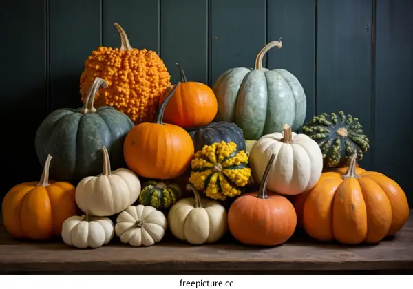 A variety of pumpkins and gourds on a wooden table