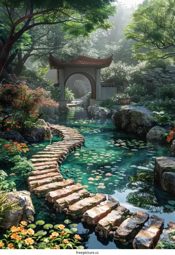 Serene Chinese Garden with Stone Path and Pond