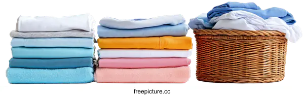 [Transparent Background PNG]Neatly Stacked Laundry and Basket of Clothes