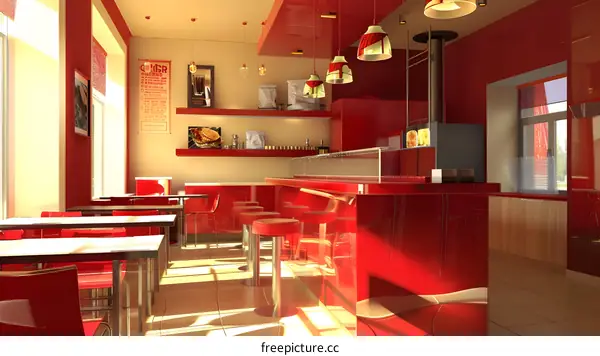 Red Interior Design Of A Modern Restaurant
