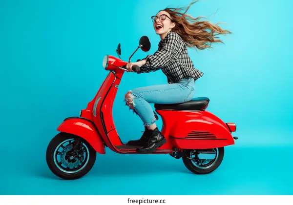 Teenage Girl Riding a Red Vespa Scooter in Front of a Blue Background