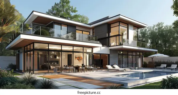 Modern House with Pool and Lush Landscaping