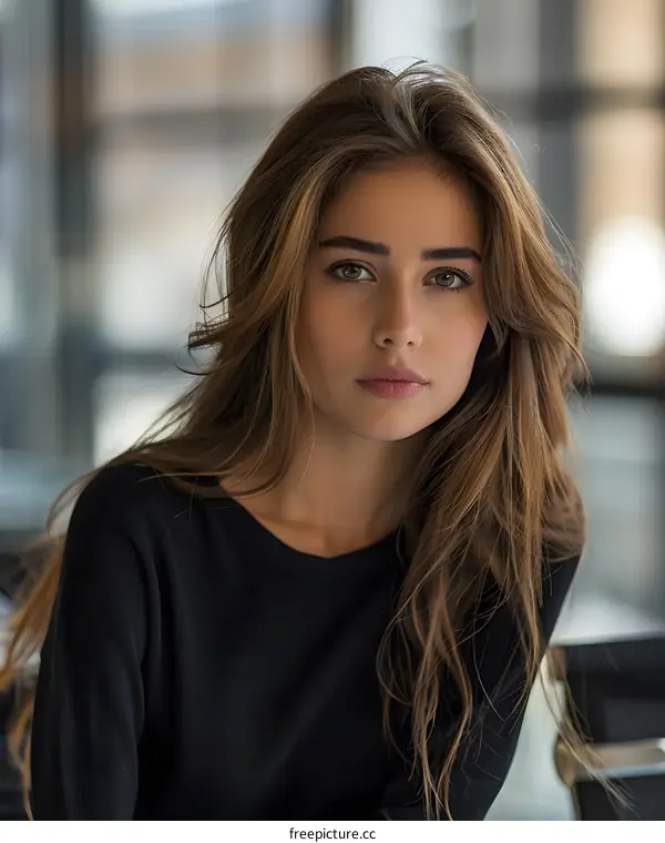 portrait of a beautiful young woman with long brown hair and green eyes