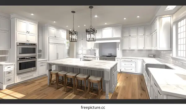 Modern White Kitchen Design with Island and Pendant Lights