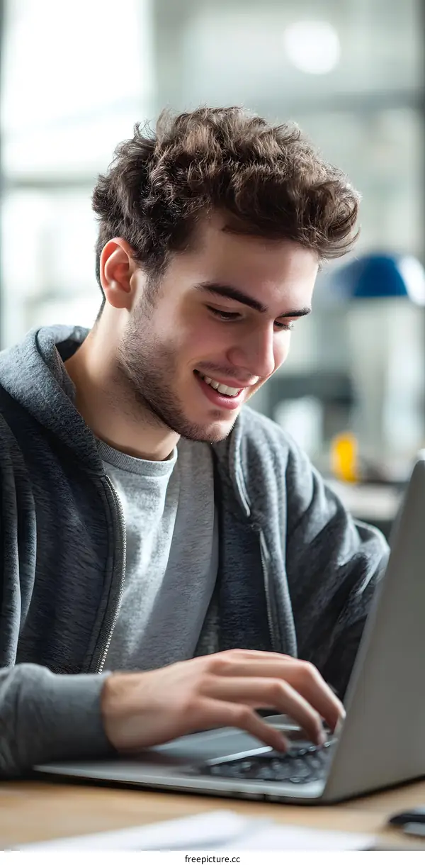 Smiling Young Man Working on Laptop at Desk