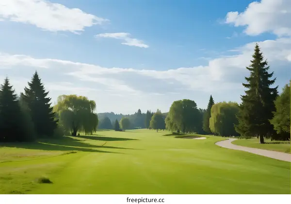 Beautiful green golf course with tall trees under a clear blue sky