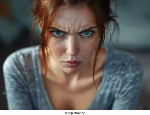Close-up Portrait of a Caucasian Woman with Angry Expression