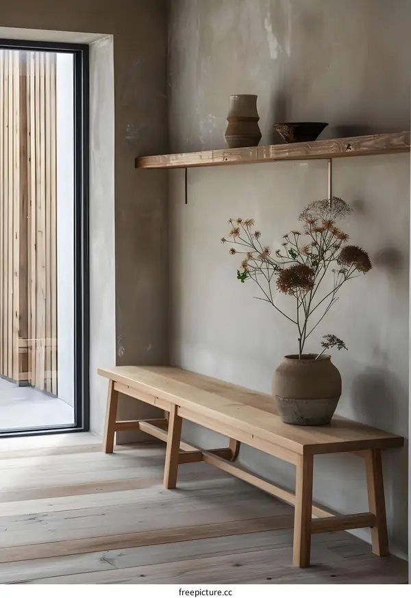 Minimalist Home Decor with Wooden Bench and Shelf