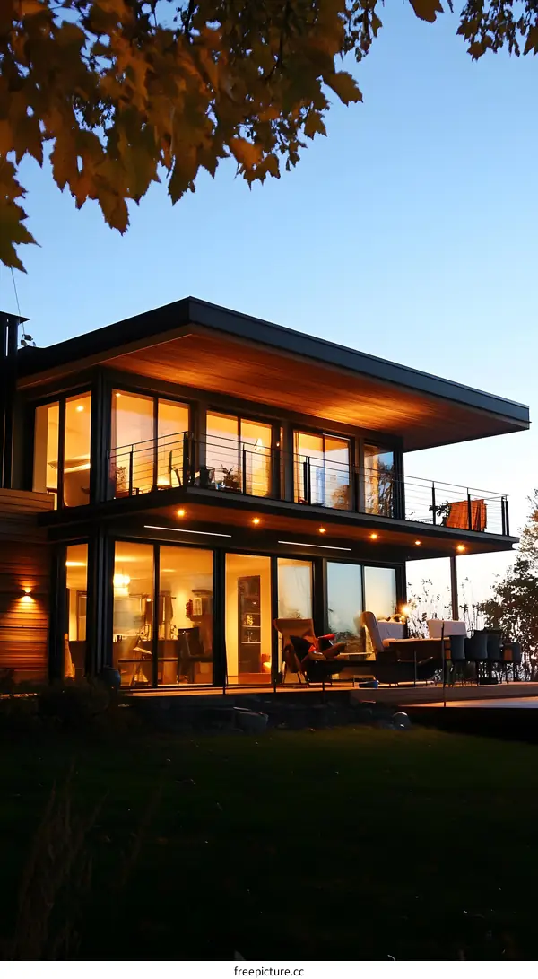 Modern House with Large Windows and Deck at Dusk