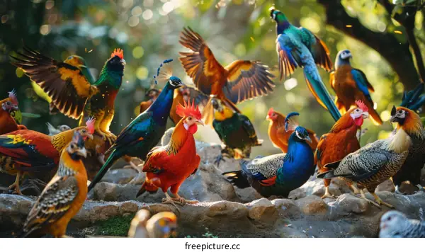 A variety of chickens and peafowl in a barnyard