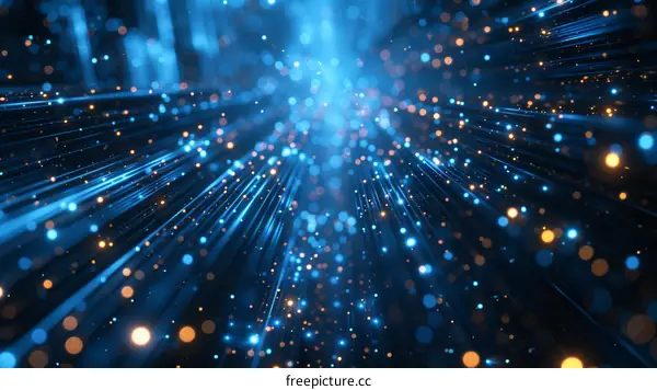 Blue and orange glowing particles flowing in space