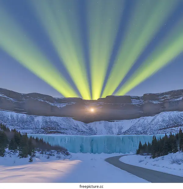 Northern Lights Over Frozen Waterfall in Winter Landscape