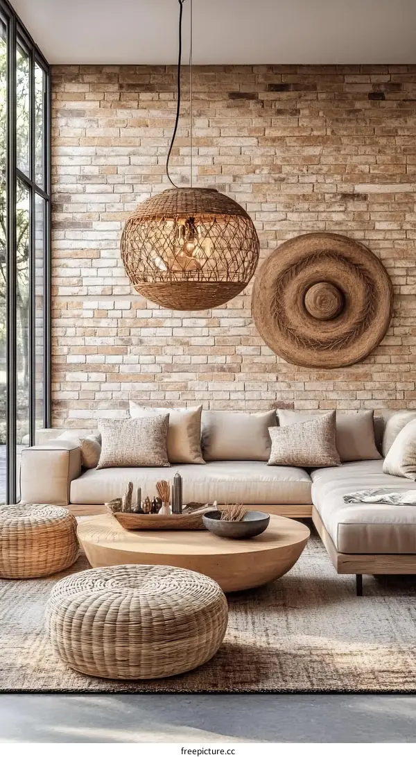 Modern Beige Living Room with Woven Accents